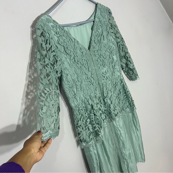 Adrianna Papell Peplum Dress Green Floral Lace Formal Wedding Guest Mermaid Sz 8 - Picture 13 of 15